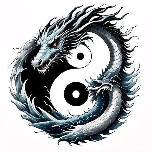 A Japanese style sea dragon tattoo, surrounded by waves, a yin yang symbol is located on the center of the dragon's head tattoo design idea
