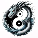A Japanese style sea dragon tattoo, surrounded by waves, a yin yang symbol is located on the center of the dragon's head tattoo design idea