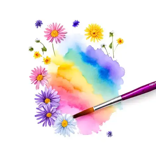 A rainbow-colored palette with a paintbrush and asters scattered around tattoo design idea