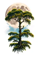 detailed full moon in background with detailed mimosa tree in the foreground tattoo design idea