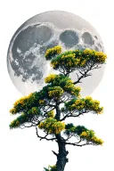 detailed full moon in background with detailed mimosa tree in the foreground tattoo design idea