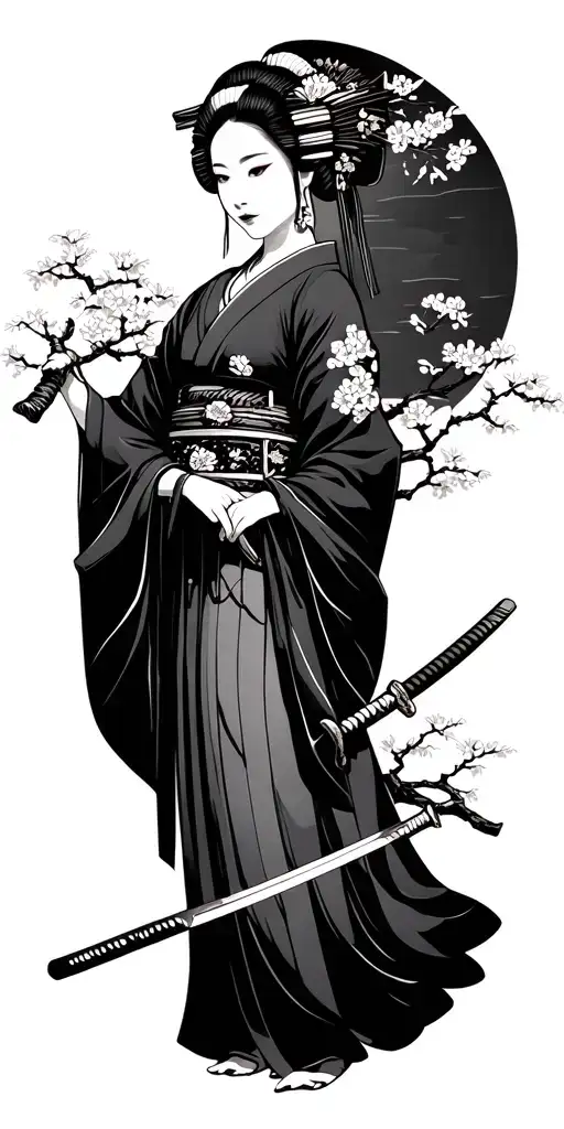 geisha holding a katana sakura tree edo castle tattoo design idea