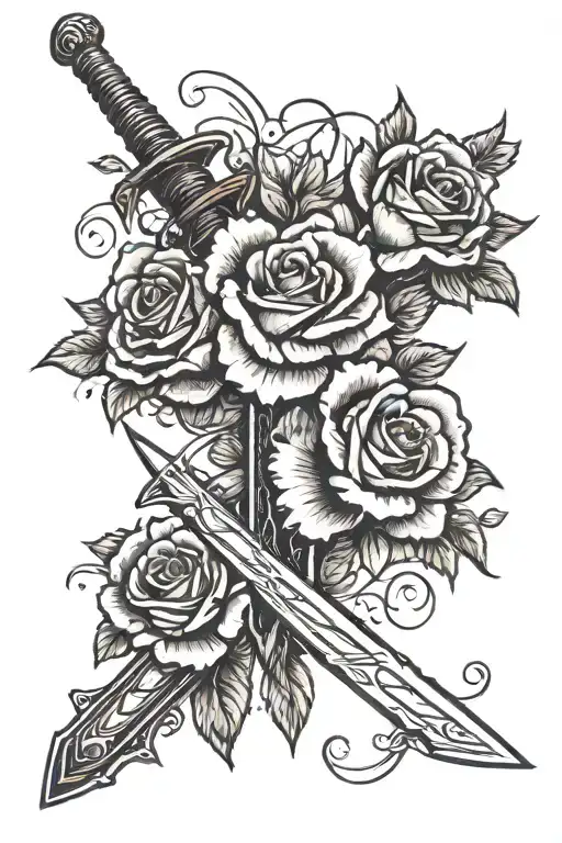 Sword and Roses intertwined tattoo design idea