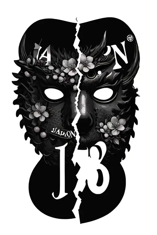 half of a broken Friday the 13th mask with  Japanese dragon the word 'JASON' And the number 13 and cherry blossoms  tattoo design idea