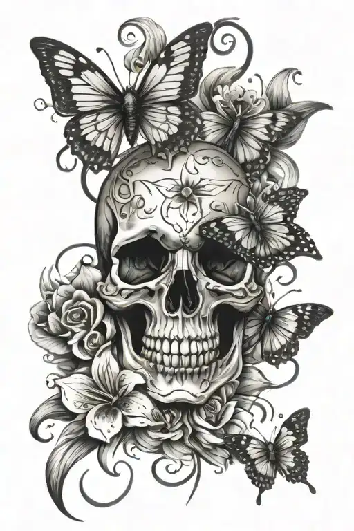 skulls, lily, butterfly stars tattoo design idea