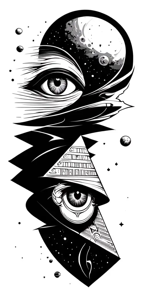 Eye of Horus. Pyramid with alien vs predator queen wrapped tale around pyramid. bold. Shoulder with sky and planets.  tattoo design idea