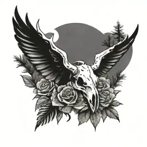 steer skull, Rose, swallow flying, pine tree tattoo design idea