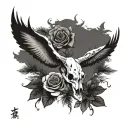 steer skull, Rose, swallow flying, pine tree tattoo design idea