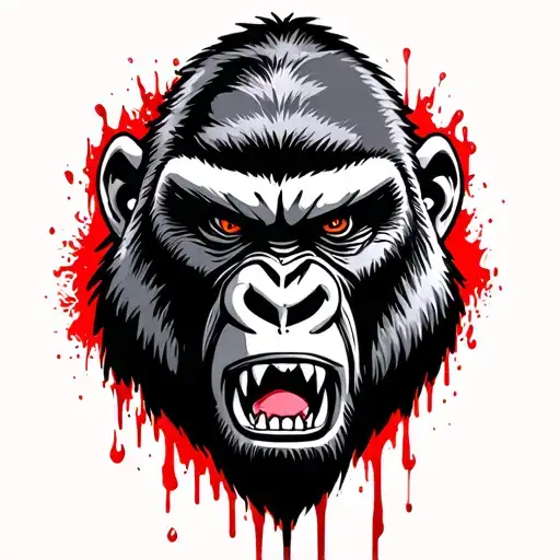 fierce gorilla face growling surrounded  by blood tattoo design idea