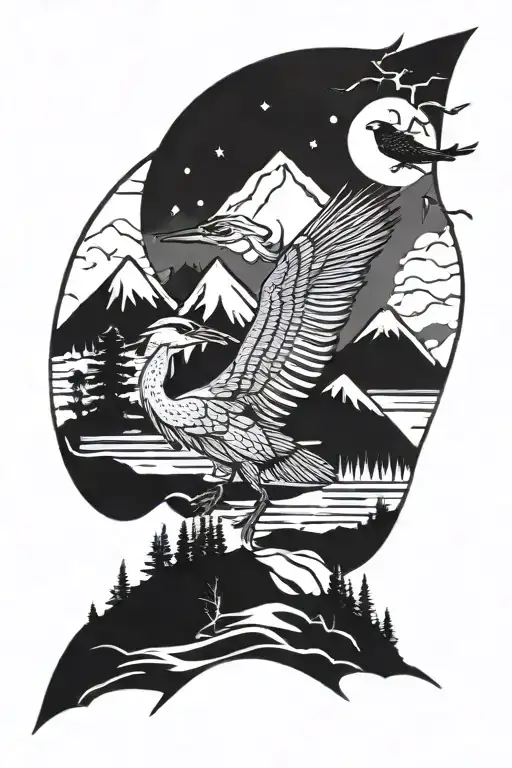 mountains, trees and blue heron head emerging tattoo design idea