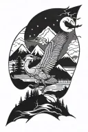 mountains, trees and blue heron head emerging tattoo design idea
