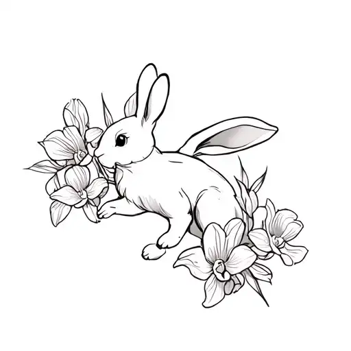 running bunny rabbit with tulips and orchids tattoo design idea