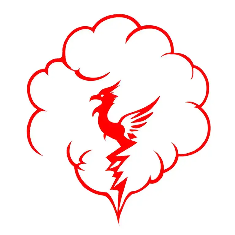 a medieval cloud from which lightning strikes and behind the lightning bolt in red the profile of a stylized phoenix tattoo design idea