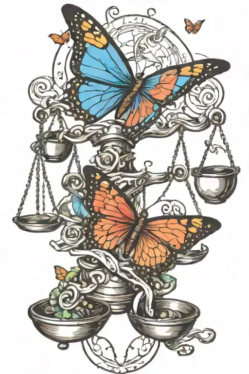 A butterfly carrying a scale of justice on its wings, surrounded by zodiac symbols tattoo design idea