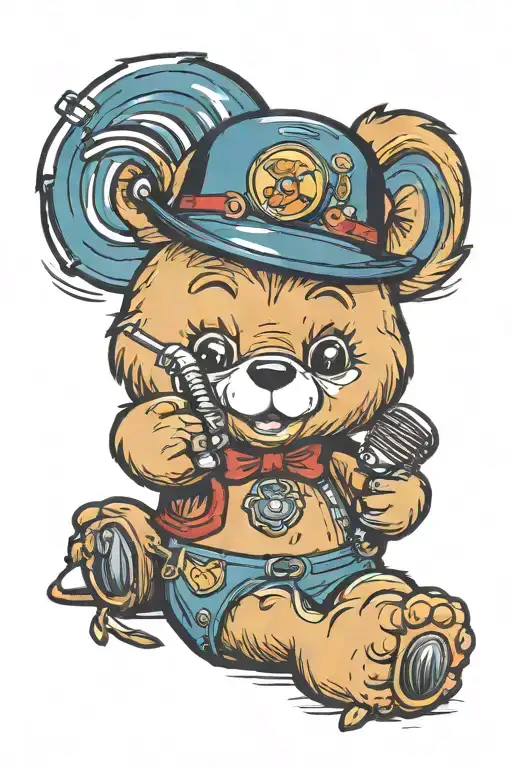 care bear holding a mic vintage with the yum yum wrapped around it tattoo design idea