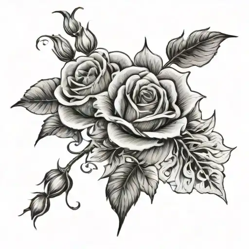 boquete of flowers which include a rose open a rose closed a morning glory a poppy and a larkspur make the stems cross  tattoo design idea