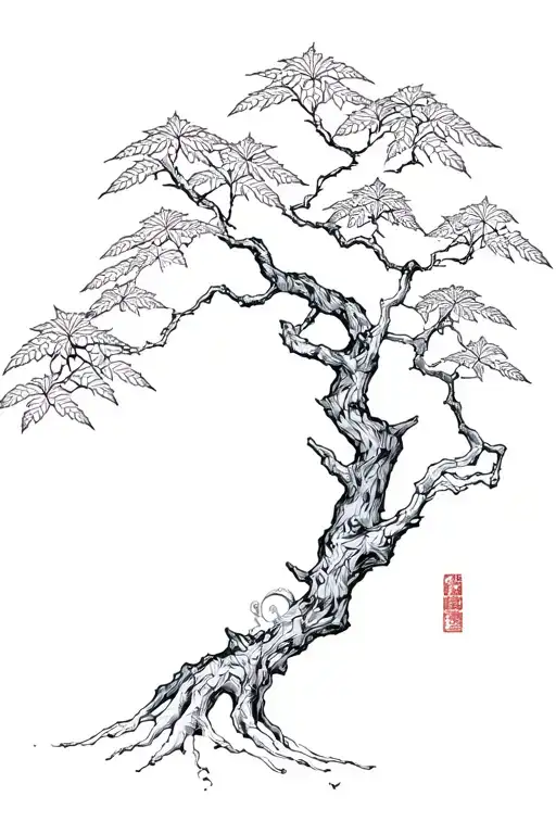 A beautiful Japanese maple tree intertwined with intricate manga characters tattoo design idea