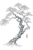 A beautiful Japanese maple tree intertwined with intricate manga characters tattoo design idea