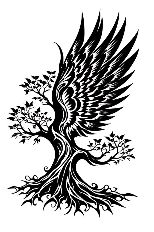 a symmetric winged tree growing tattoo design idea