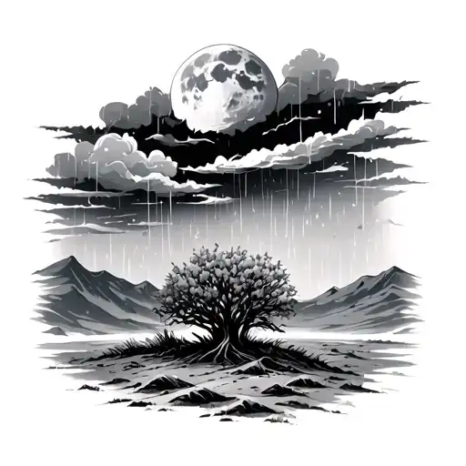 A thorn bush alone in the desert, under a rainstorm and a moon shining in a cloudy sky,heavy  rain  tattoo design idea