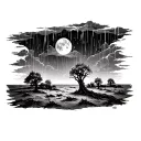 A thorn bush alone in the desert, under a rainstorm and a moon shining in a cloudy sky,heavy  rain  tattoo design idea