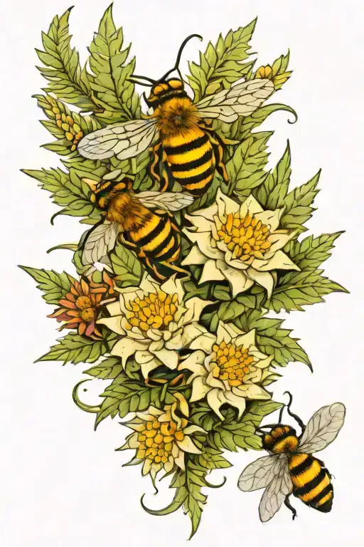 edelweiss flowers and silver ferns with a bee flying tattoo design idea