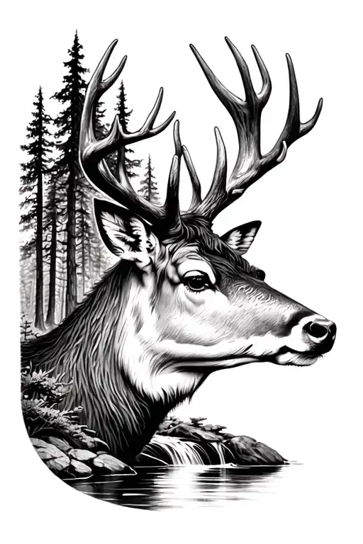 FOREST THEME DEER WITH STREAM BLACK AND WHITE tattoo design idea