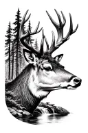 FOREST THEME DEER WITH STREAM BLACK AND WHITE tattoo design idea