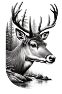 FOREST THEME DEER WITH STREAM BLACK AND WHITE tattoo design idea