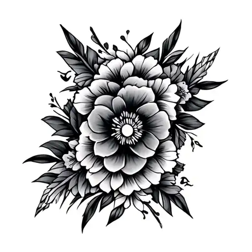 Black and grey full-arm tattoo sleeve seamlessly mixing geometric and floral patterns. Features bold, masculine details  tattoo design idea