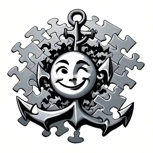 happy face and a anchor breaking through the surface of a puzzle tattoo design idea