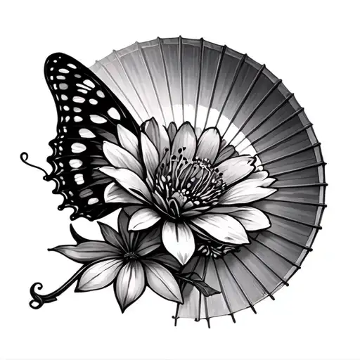 Butterfly flower and chinese umbrella woth a red thread tattoo design idea