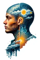 side view of human head split in half with bi-polar depression emotions depicted as weather conditions  tattoo design idea
