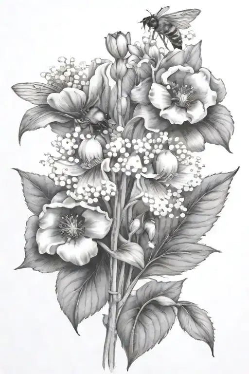 lily of the valley poppy flowers bloominwith bee flying towards living tattoo design idea