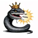 Friendly snake wearing a crown eating the words “let them” with a sun  tattoo design idea