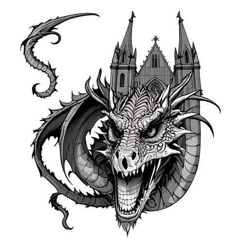 dragon with gothic cathedral and dia de los muerte tattoo design idea