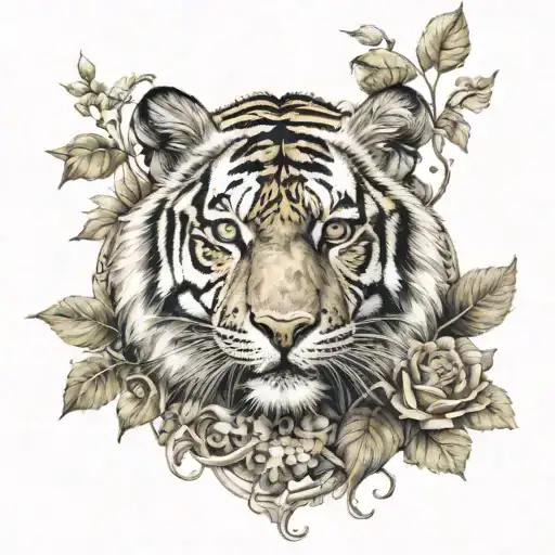 full body Tiger, with vines and flower and a compass  tattoo design idea