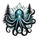  minimaliste octopus holding crystals mountains and pine trees tattoo design idea