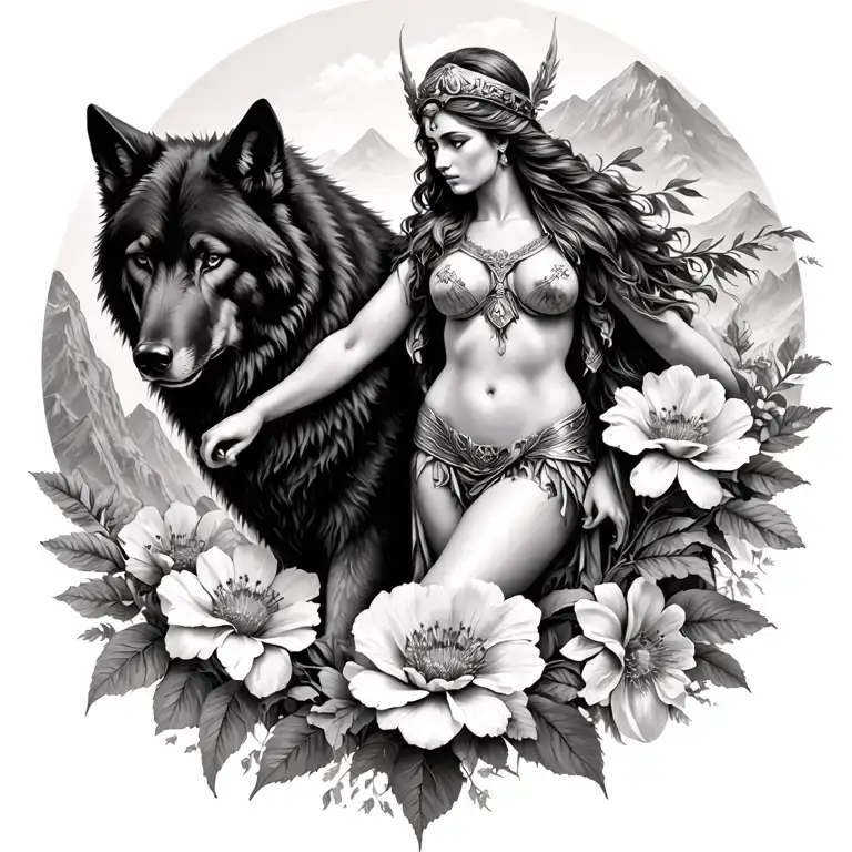 Athena sexy goddess surrounded by poeny flowers and black wolf with mountains  tattoo design idea