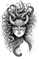 medusa goddess with oni mask, snakes hair tattoo design idea