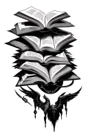 floating open books surrounded by symbols that represent the books. Harry Potter, fourth wing, vampire lestat tattoo design idea