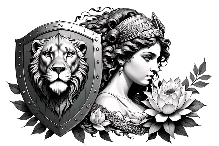 goddess athena with medusa shield , with lioness face and lotus flowers  tattoo design idea