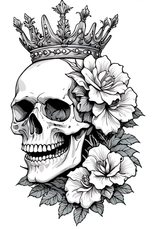 flor de maga and skull wearing a crown tattoo design idea