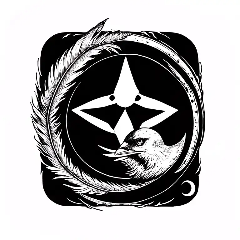 A circle enclosing a stylized raven feather, a small five-pointed star, and a crescent moon—all subtly intertwined with  tattoo design idea