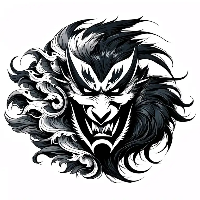 Hannya mask with flowing hair, fierce expression. Raven on right. Stylized Japanese waves on left, blending with hair  tattoo design idea