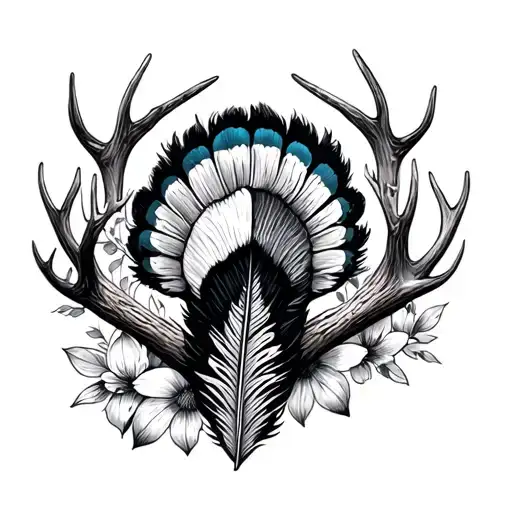 Turkey Feather antler and flowers tattoo design idea