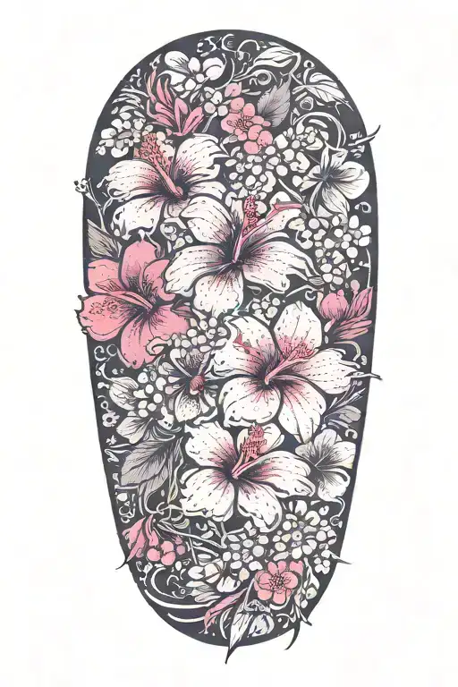 wrist to elbow sleeve with hibiscus flowers and lots of cherry blossoms tattoo design idea