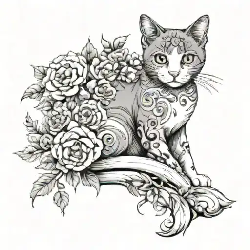 a grey and white cat with flowers intertwined tattoo design idea