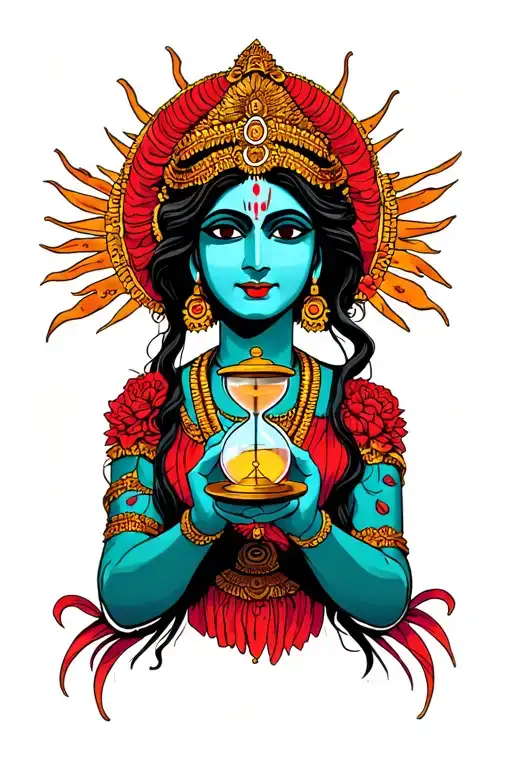 kali's face, Hindu goddess, her hands holding a hourglass tattoo design idea