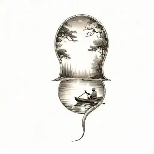 father and son in canoe floating down winding river tattoo design idea